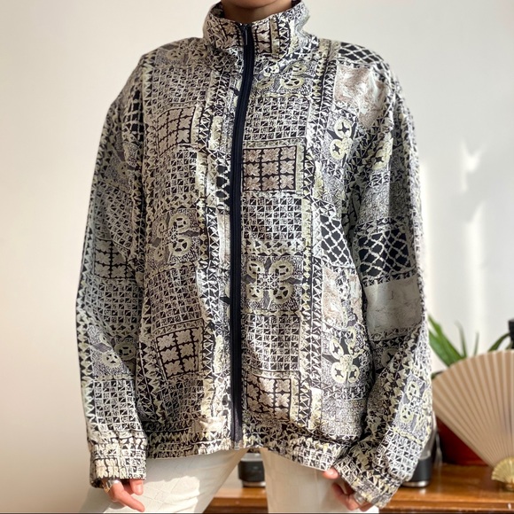 80s Golden Geometric Print Silk Bomber Windbreaker - Picture 4 of 4